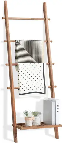 5ft Wooden Blanket Ladder with Shelf for Living Room Farmhouse Decor, Towel Rack for Bathroom, Light Brown