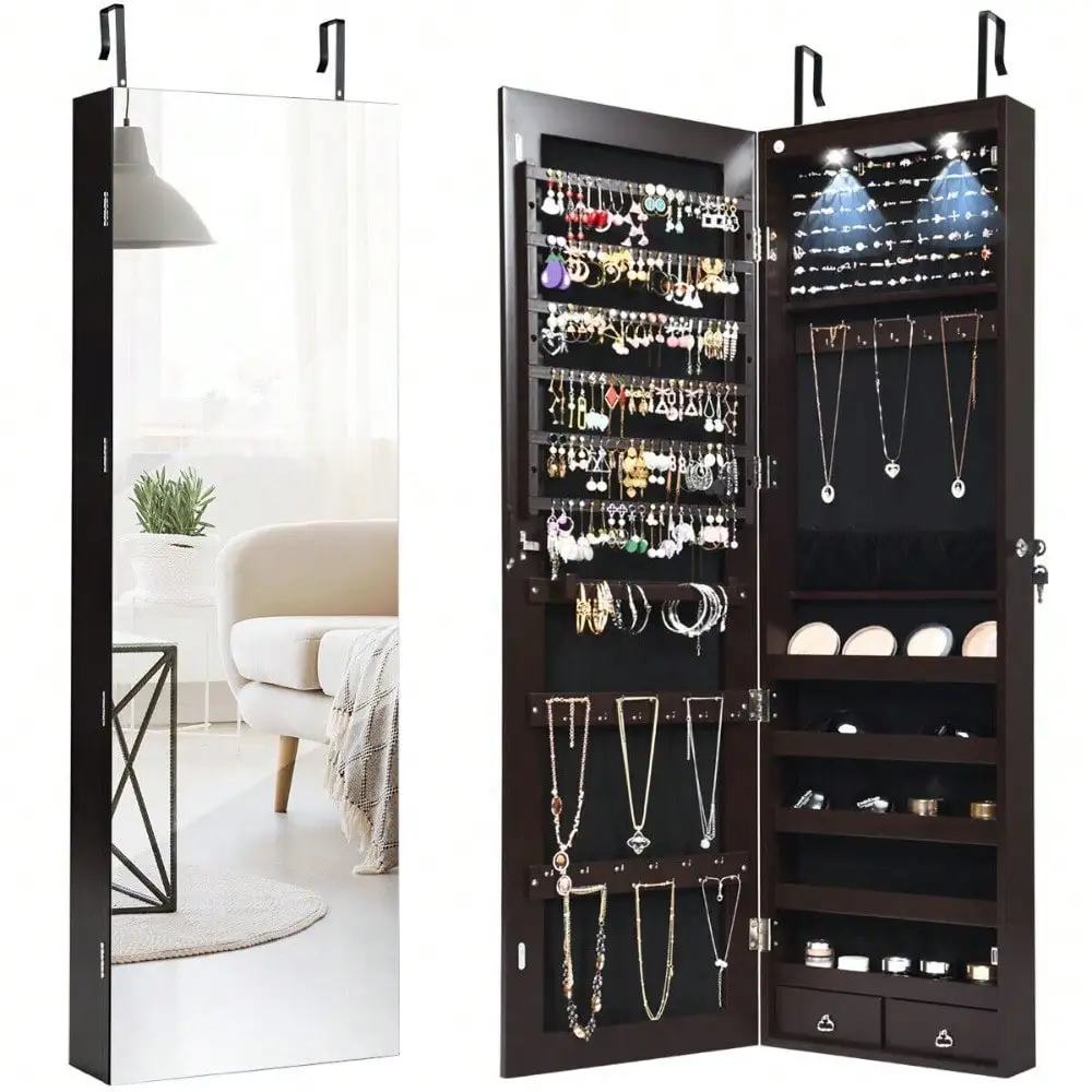 Mirrored Wall & Door Mounted Jewelry Storage Cabinet Organizer W/ Lights&Drawer