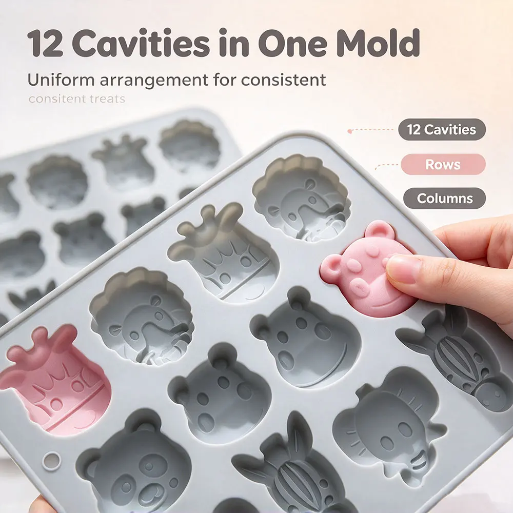 Zoo Animal Silicone Mold,Food Grade Non-Stick Baking Molds Lion Panda Elephant Hippo Zebra Chocolate Jello Cake Ice Cube Trays
