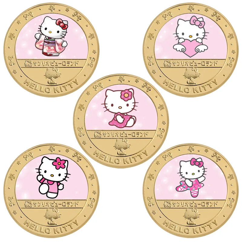 Hello Kitty pamiątkowe monety medale Cartoon Anime metalowe kolekcje monety złote Anime peryferyjne prezenty urodzinowe