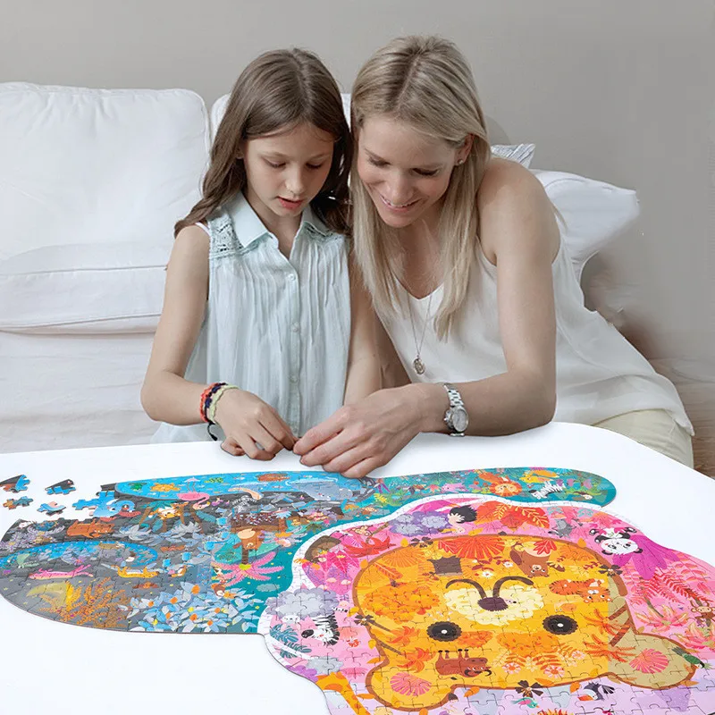Kids Montessori Fun Puzzles Game 3D Wooden Dinosaur Lion Dolphin Jigsaw Paper Early Educational Adult Art Puzzle Toys