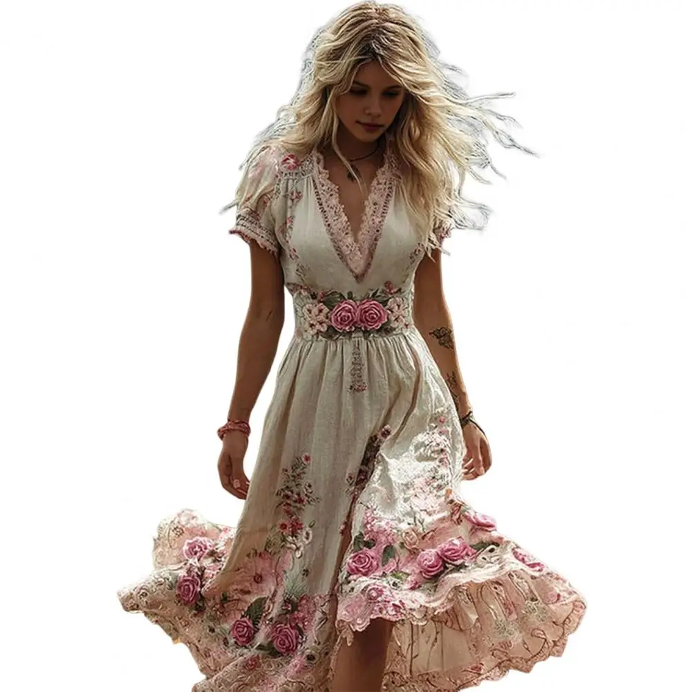 Zomerjurk voor dames, bloemenprint, korte mouwen, V-hals, swingjurk, Boho, zwierige A-lijn, casual, gala, bruiloft, gastjurk - afbeelding 1