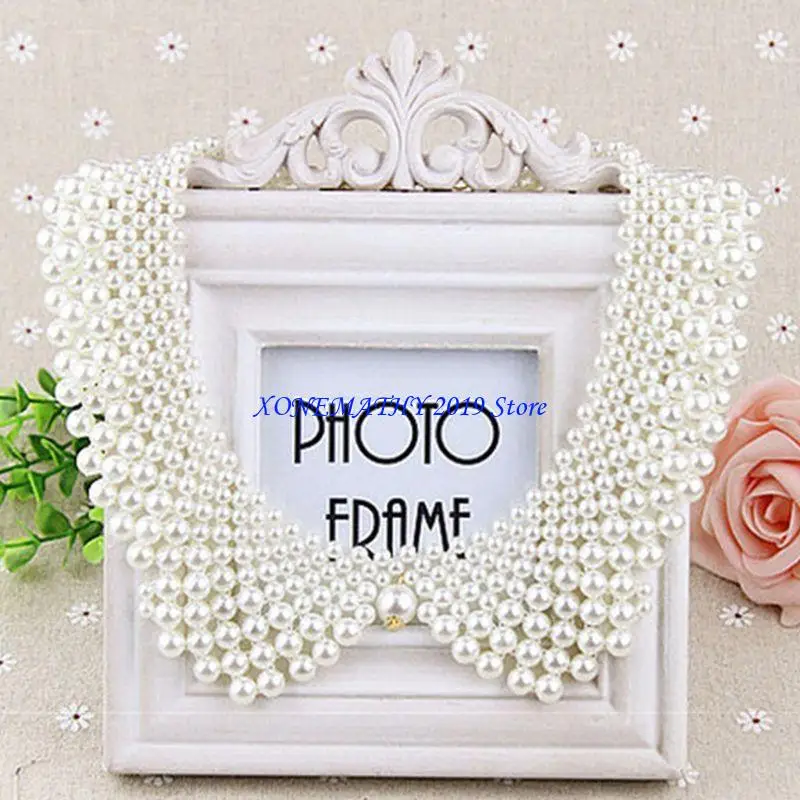 

F42F Ethnic Handmade Woven Beading False Collar Imitation Pearl Jewelry Women Bib Cho
