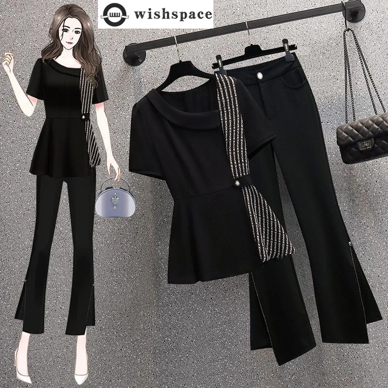 

Fashion Women's Set Summer 2024 Korean Edition Unique Slim Stripe Spliced Irregular Top Casual Pants Two Piece Set