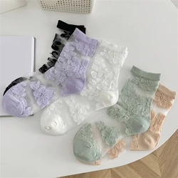 Fashion Socks For Women Japanese Style New Summer Soft Flower Transparent Socks Breathable Thin Soft Ladies Crew Socks Simple