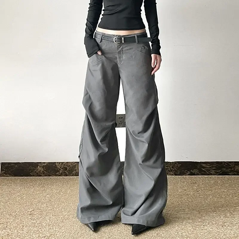 QWEEK Y2k Vintage Baggy Cargo Pants Women America Streetwear Basic Wide Leg Trousers Korean Style Office Lady Grey Pantalones