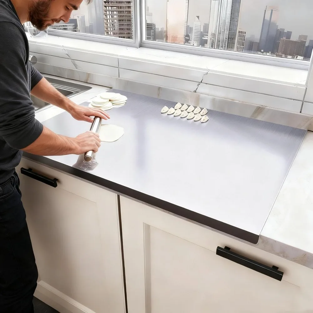 Edelstahl-Schneidebrett, multifunktionales Backbrett, leicht zu reinigender Arbeitsplattenschutz mit Kantenschutz, Küchenutensilien