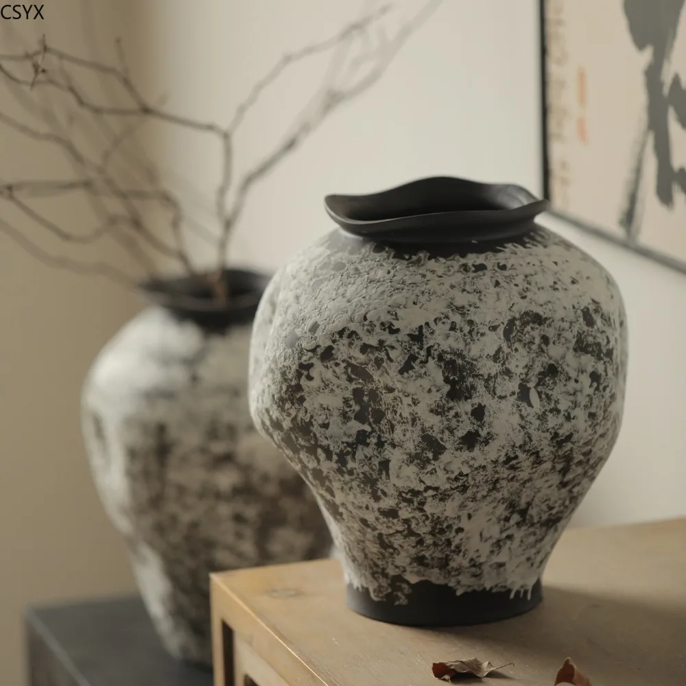

Zen Ceramic Large Vase Retro Nostalgic Coarse Pottery Pot Home Flower Arrangement Ornament Home Decor Living Room Decoration