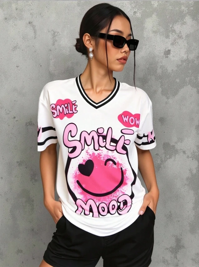 여성용 만화 패턴 프린트 V넥 반팔 티셔츠 여름 그래픽 티셔츠 야구 저지 플러스 사이즈 스포츠 티셔츠