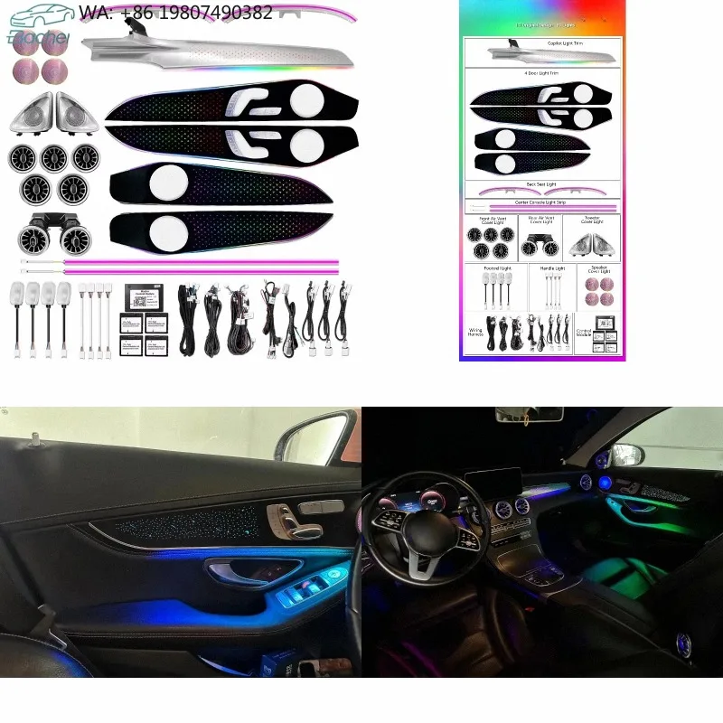 Wood Panel Trim Dynamic LED Atmosphere Strip, 64 Color Interior Ambient Lamp Fit W205 X253 GLC Combined Vehicle Mod Accessories