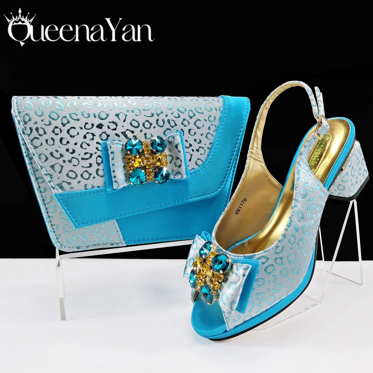 Queena Yan Light Blue Elegant Italian Rhinestone Wedding Shoe and Bag Set -Women Heels and Matching Handbag for Party