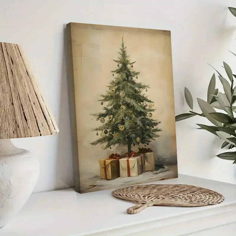 Framed Vintage Winter Christmas Tree Wall Art Poster Winter Snowman Elk Canvas Painting Living Room New Year Decoration Mural