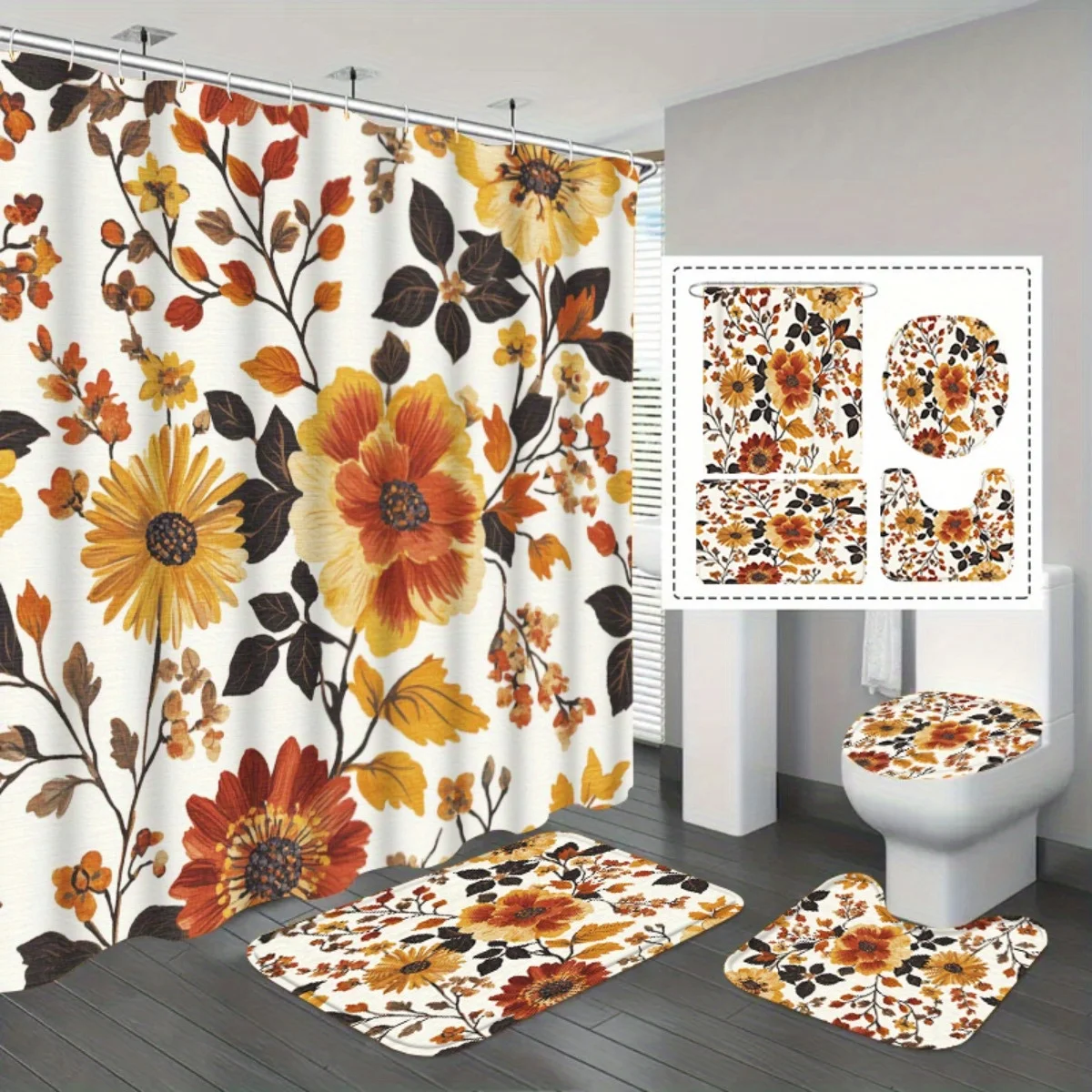 4-piece autumn floral bathroom set: bath mat, U-shaped mat, toilet seat cover, and shower curtain with hooks.