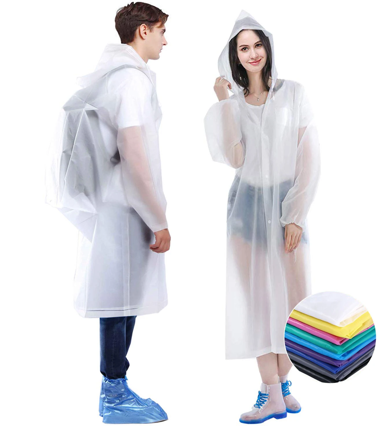 Reusable Rain Ponchos Portable EVA Rain Coats Packable Rain Jackets with Hood and Drawstring