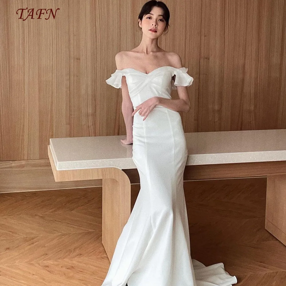 

TAFN Mermaid Simple Photo Shooting Dresses Off the Shoulder Wedding Reception Dresses Court Train Elegant Bridal Gown