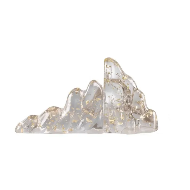 Modern Chinese Style Transparent Resin Mountain Bookend Gold Foil Accent Luxury Home Office Desk Decor Model Room Study Shelf