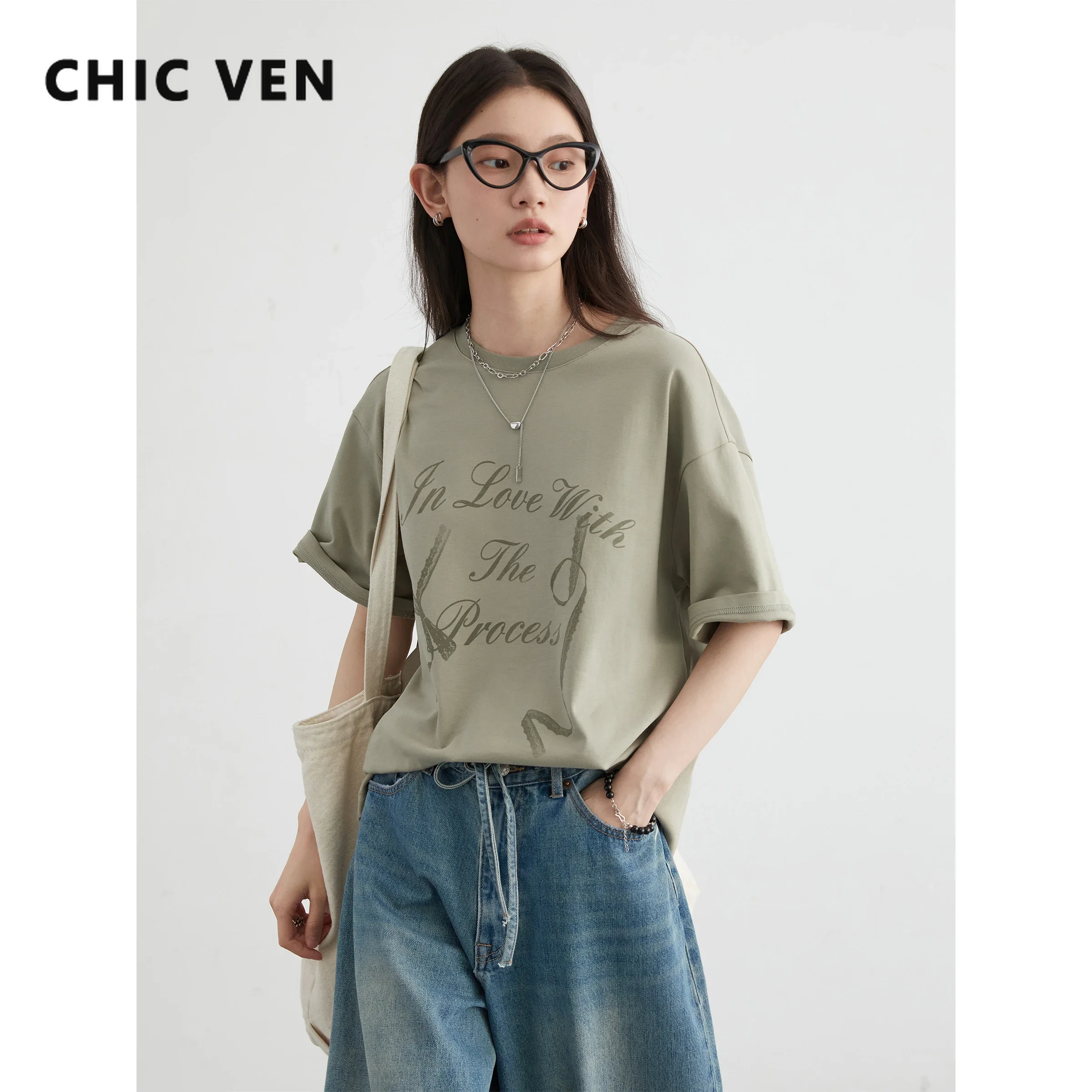 CHIC VEN Women T-Shirts New Minimalist Cotton Letter Printed Knitted T-shirt Loose Short Sleeved Female Top Spring Autumn 2024