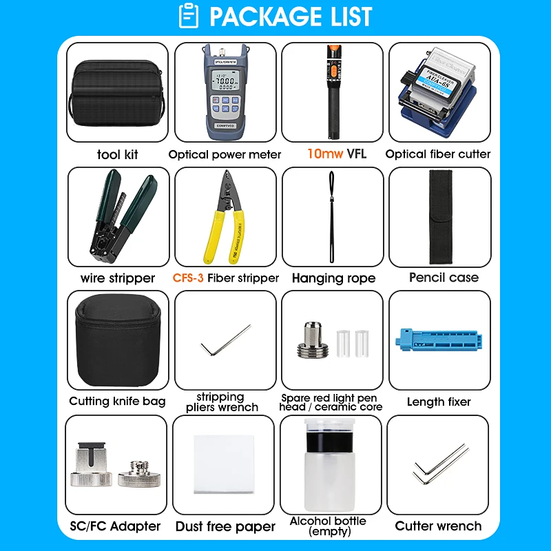 FTTH Fiber Optic Tool Kit with Fiber Cleaver, Optical Power Meter, Visual Fault Locator,-70 ~ + 10dBm, 10MW, 19Pcs Set DIY