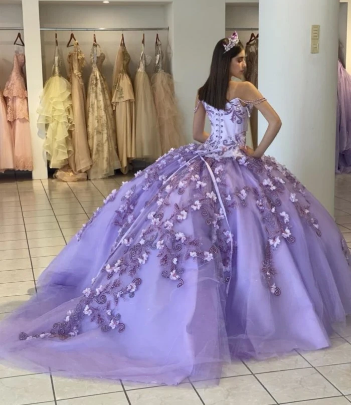 Lila Prinzessin Quince anera Kleider Ballkleid von der Schulter Tüll Applikationen süß 16 Kleider 15años mexikanisch