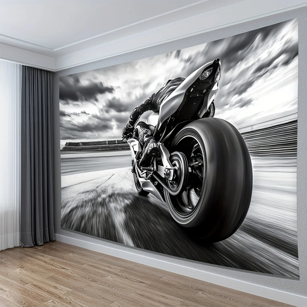 Dramatic Black and White Superbike Motorcycle Racing Tapestry Wall Art Decor Canvas Print Man Cave Garage Room Decoration