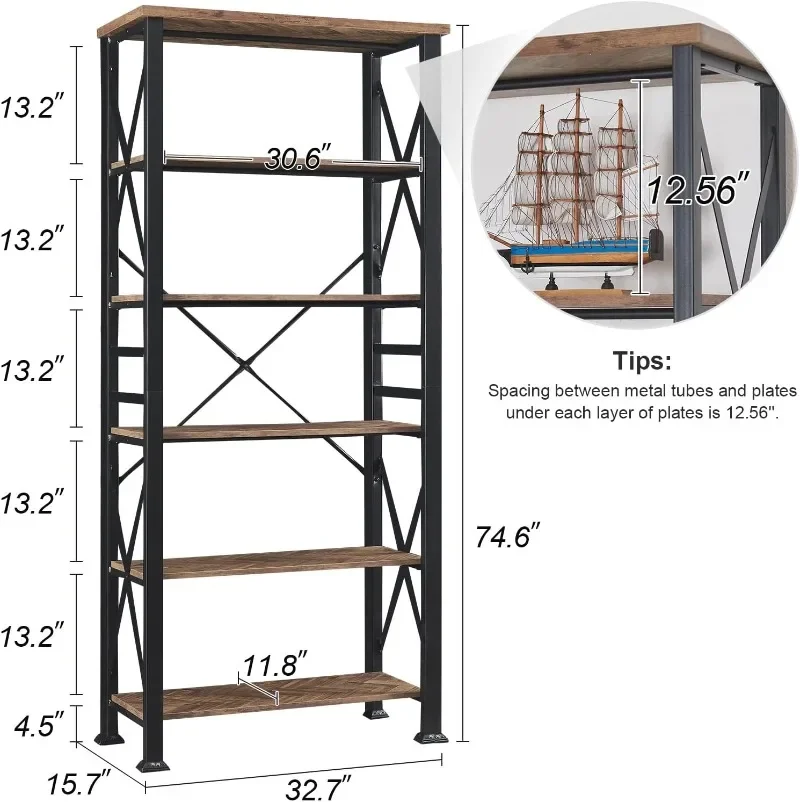 Bookshelf, 6-Tier Industrial Bookshelf, Etagere Bookcases and Bookshelves, Tall Bookshelf Storage Organizer