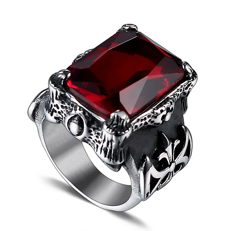 CHUANGCHENG Fashion Retro Punk Cross Ruby Stainless Steel Rings Size 7-12