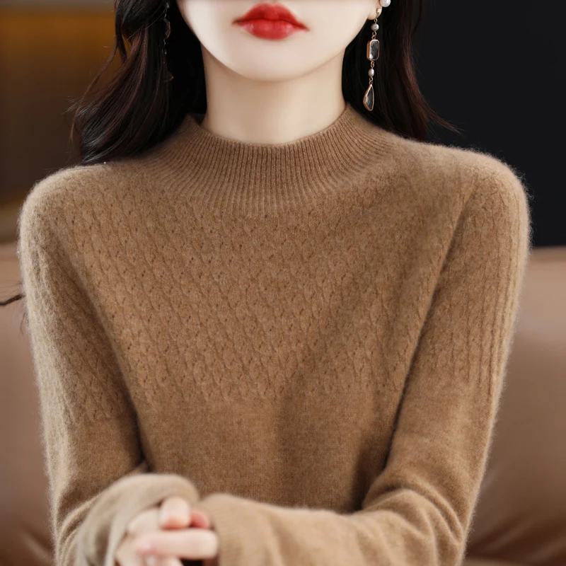 

100% merino wool cashmere sweater women's knitting sweater half high neck long sleeve pullover autumn and winter clothing top