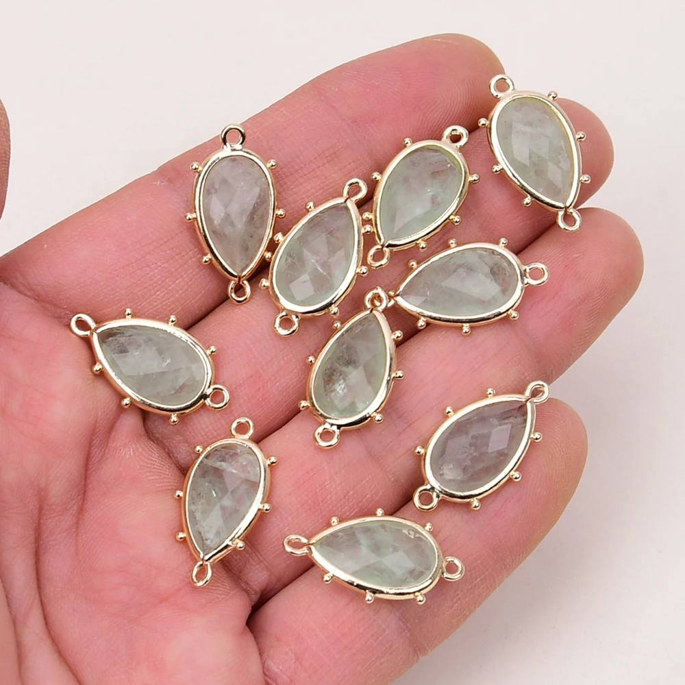 10 Pcs Natural Green Quartz Pear shaped Connector Trim Double Rings Jewelry Finding DIY