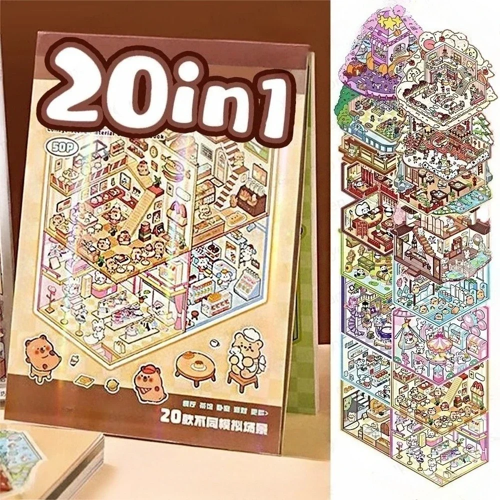 20Pcs 20in1 Scenes Cartoon Landscape Stickers Book Forest Village DIY Stationery 3D Sticker Cabin Pocket Birthday Gift for Kids