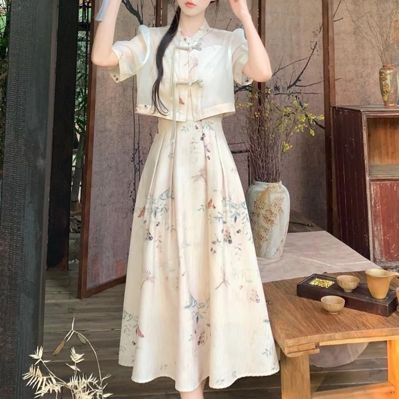 فستان تقليدي محسّن من تشيباو فستان بحمالات صينية مكون من قطعتين فستان زهري سترة علوية بدلة فستان للنساء للصيف #2