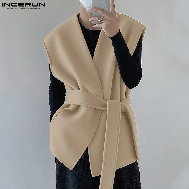 

INCERUN Men Vests Solid Color Faux Wool Blends V Neck Sleeveless Male Waistcoats Streetwear 2025 Lace Up Casual Vests With Belt