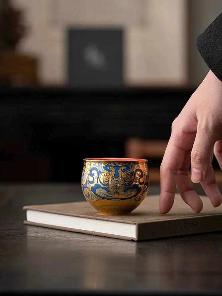 

Zhou Hongjie's Handcrafted 24K Gold-Plated Tea Personal Use And Silver Inlaid Taotie Cup, Pure Gold Jianzhan Master Cup
