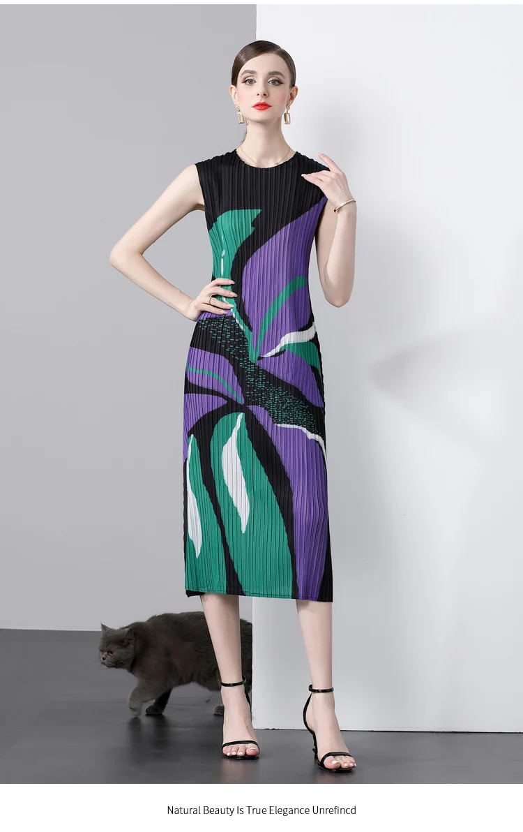 Miyake Pleated, Round Neck Printed Dress, Literary Niche Straight Skirt Pleated Versatile Mother Outfit Foreign Style