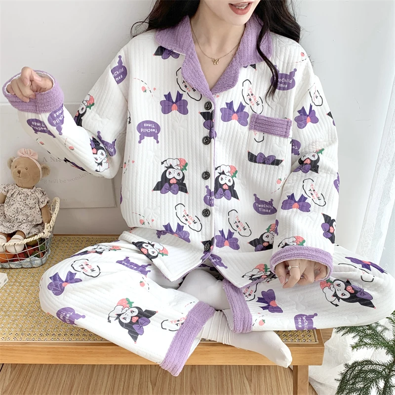 Sanrio winter pajamas women's coral fleece thickened thermal lapel two-piece set cartoon Kulomi women's pajamas loungewear