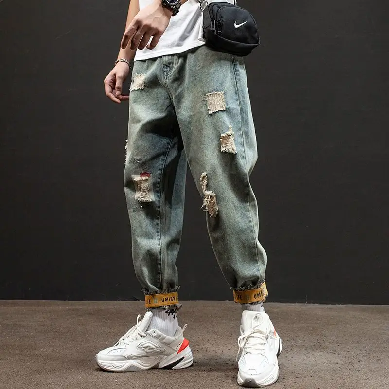 

Torn Broken Men's Jeans Light Blue Male Cowboy Pants Ripped Trousers with Holes Harajuku Trend 2025 Cheap Denim Original New In