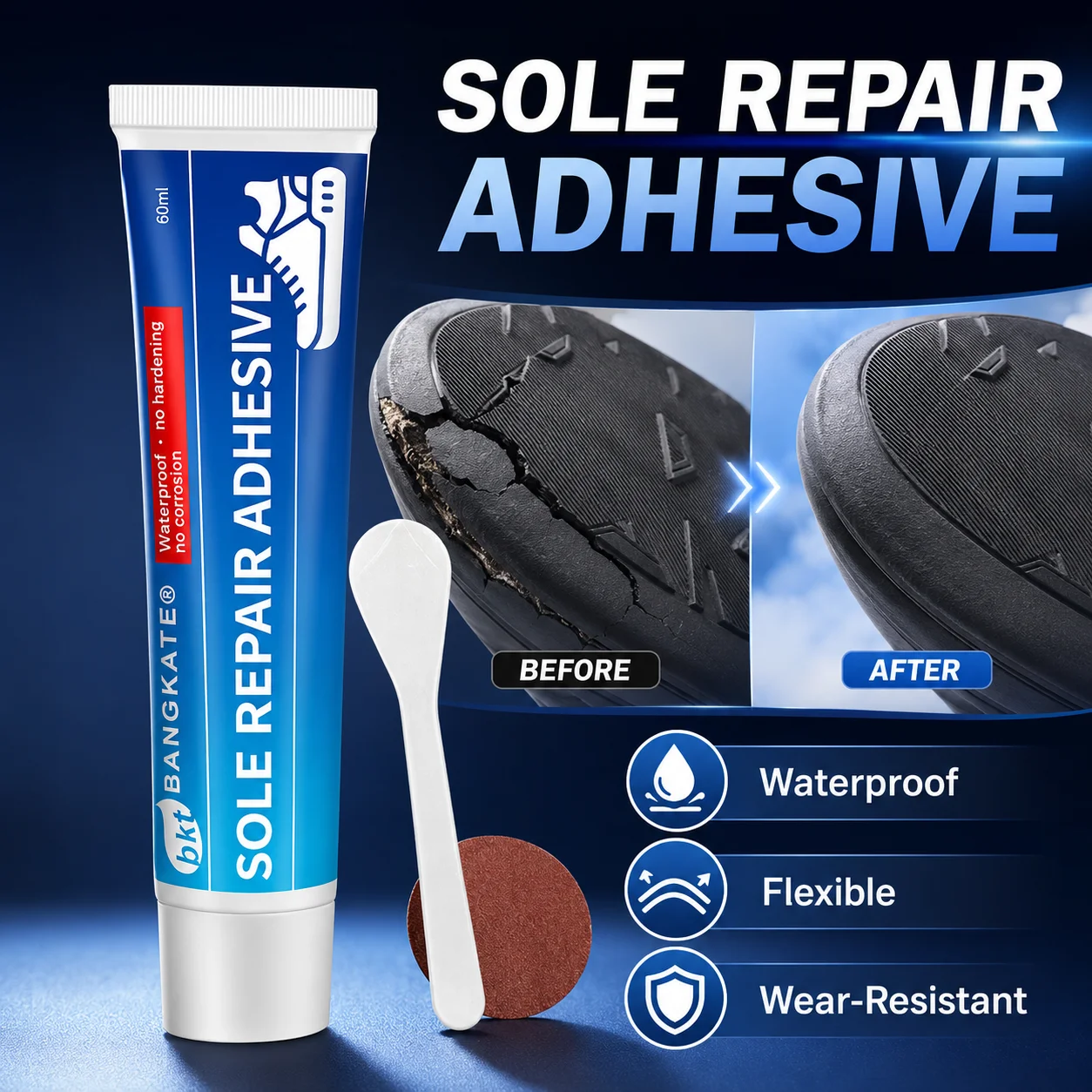 Sole Repair Adhesive 60mL, Waterproof Flexible Shoe Glue for Rubber, Leather, PU and TPR Soles, with Applicator and Sanding Disc