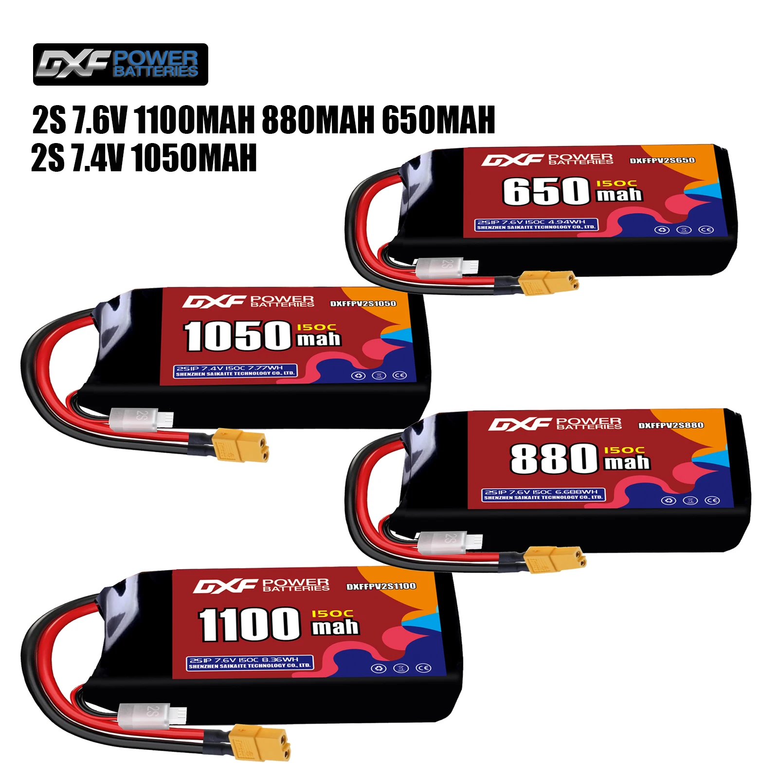 Akumulator DXF Lipo 2S 7.6V 1100mAh 880mAh 650mAh 7.4V 1050mAh 150C z wtyczką XT30 XT60 JST do helikoptera FPV, quadcoptera, drona