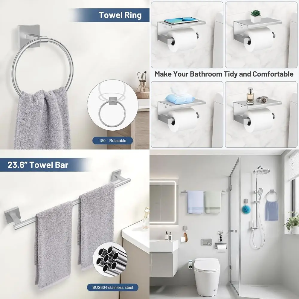 

23.6 Wall-Mounted Brushed Nickel Stainless Steel Bathroom Hardware Set with Towel Bar and Toilet Paper Holder