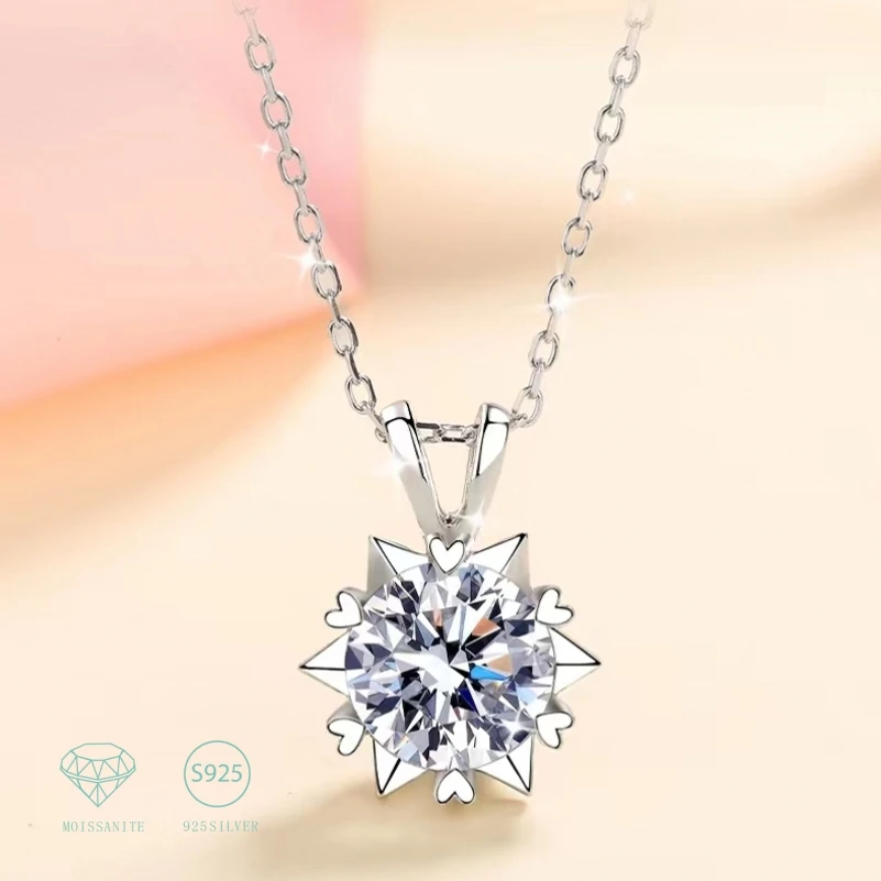 925 Sterling Silver 1 Carat Moissanite Romantic Snowflake Pendant Necklace Clavicle Chain Women Girls Birthday Anniversary