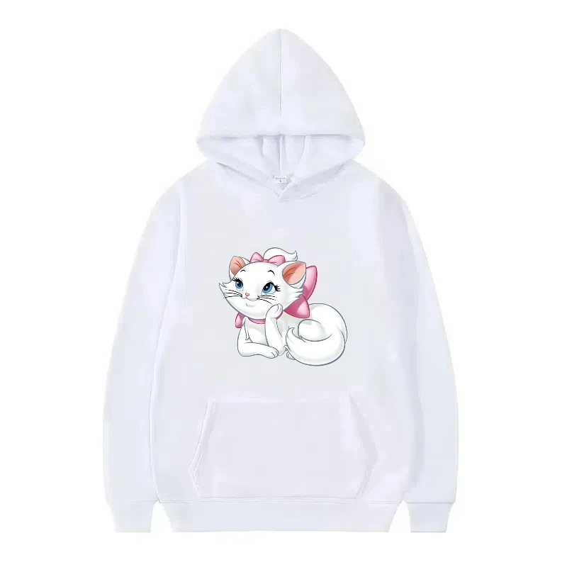 เสื้อฮู้ดดี้ผู้หญิงลายดิสนีย์ The Aristocats ผ้าฟลีซสีขาวทรงหลวม สไตล์ตลกๆ สำหรับฤดูใบไม้ร่วง เสื้อผ้าราคาถูก