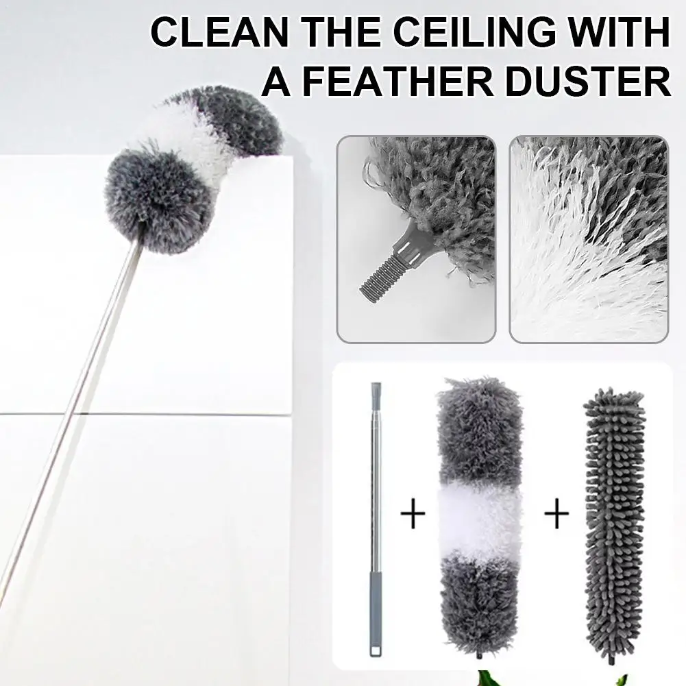 Extendable Microfiber Feather Duster with Long Stainless Steel Pole Bendable Cleaning Brush For High Ceiling Fan Roof Corner