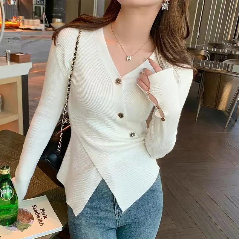 Women Autumn Simplicity Office Lady Solid Color V-neck Long Sleeve Knitwear Ladies Casual All-match Knitting Bottoming Shirt