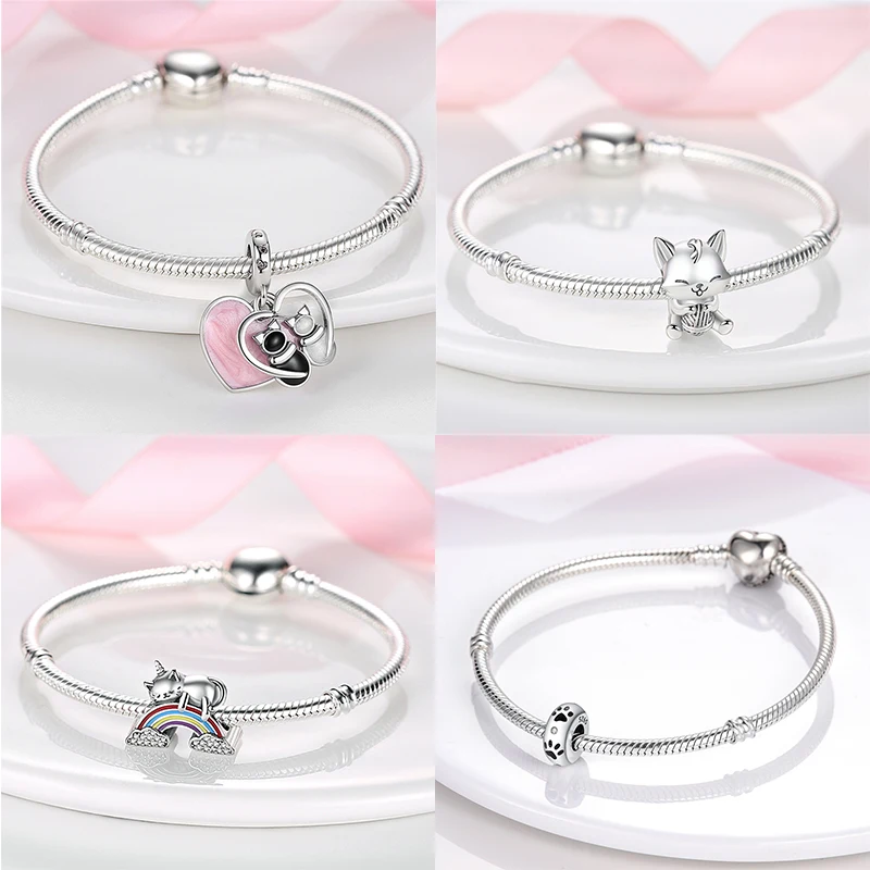 925 Sterling Silver Cat and Dog Series Best Friend ciondolo Fit 4MM hole diamete bracciale Charms collana di perline gioielli femminili fai da te