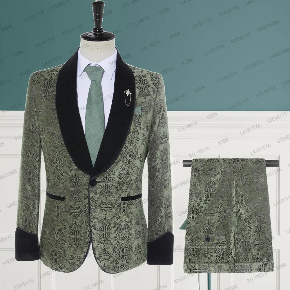 

Men Suits Green Corduroy Reto Claasic Pattern Black Velvet Lapel Male Business Casual Wedding Blazers Pants 2 Pcs Set