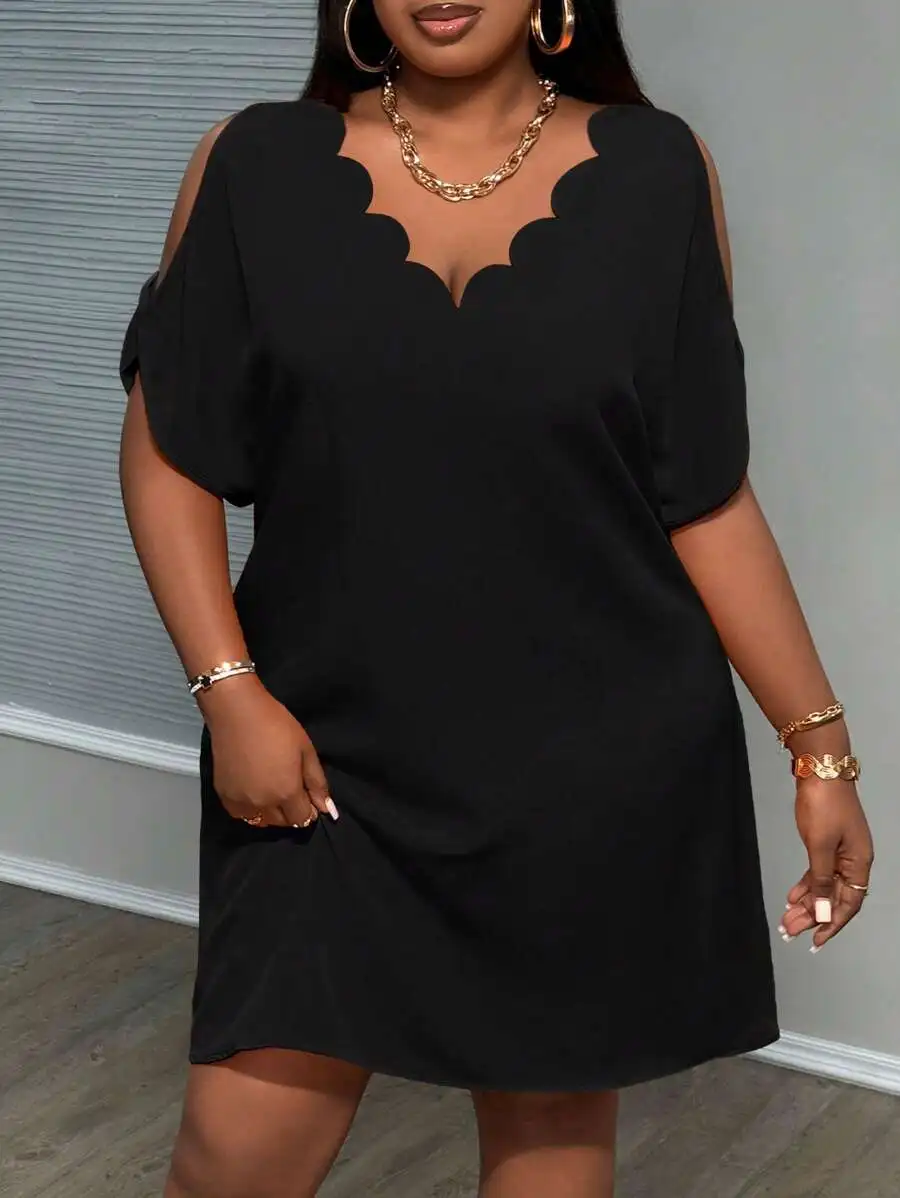

Plus Size Black Dress With Cold Shoulder Sleeves And Scalloped Neckline