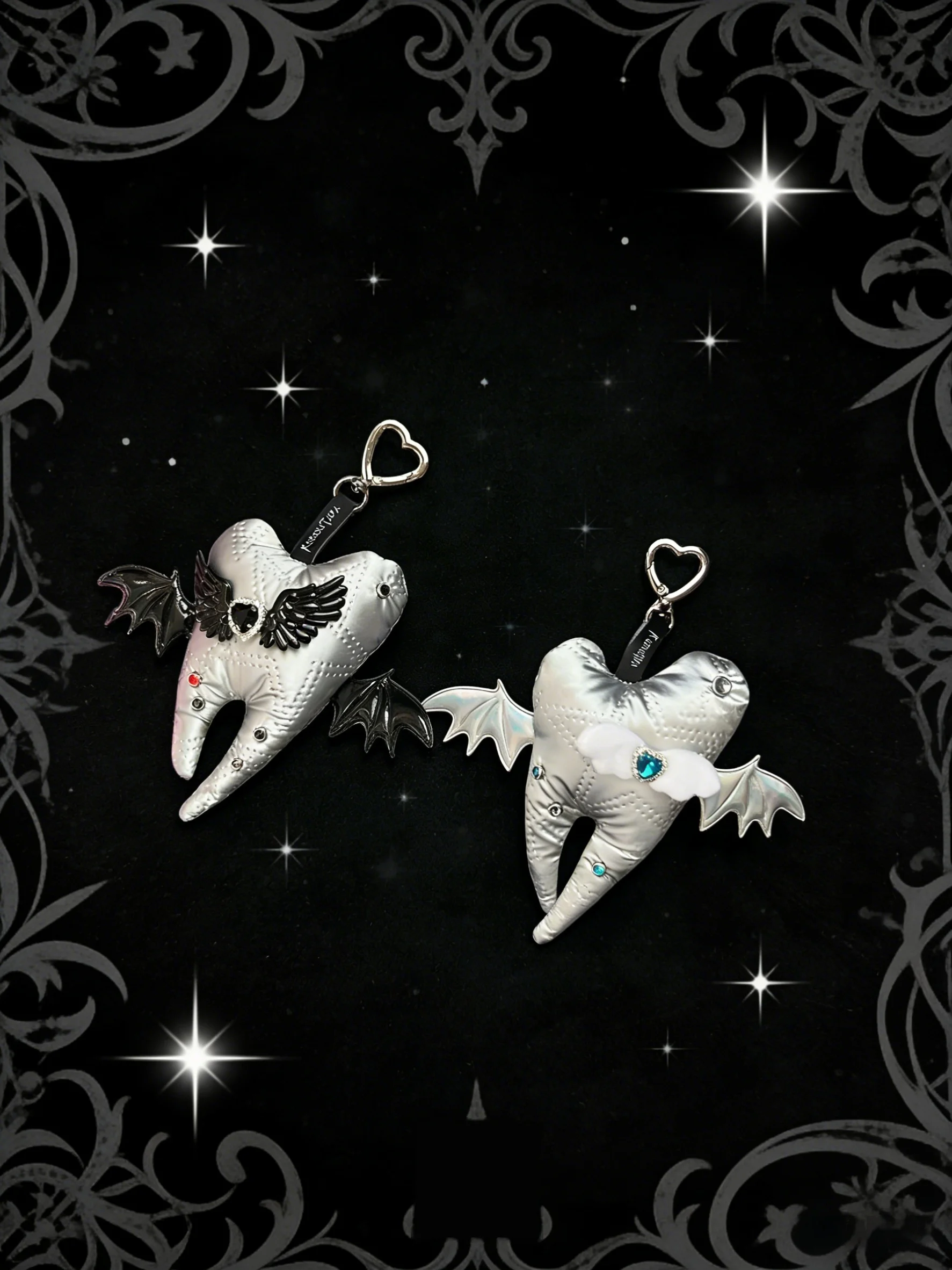 

KUROUTAYA Handmade Original Anthropomorphic Plush Tooth Pendant 3D Trendy With Devil Wings Heart Decor Bag Keychain