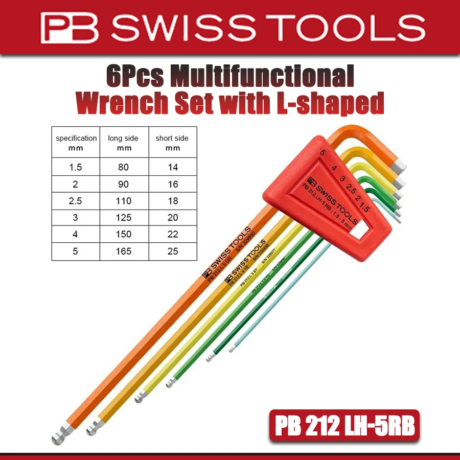 PB SWISS TOOLS 6Pcs Multifunctional Wrench Set with L-shaped Multicolor Long Ball Tip Wrench Hand Tools NO.PB 212.LH-5 RB