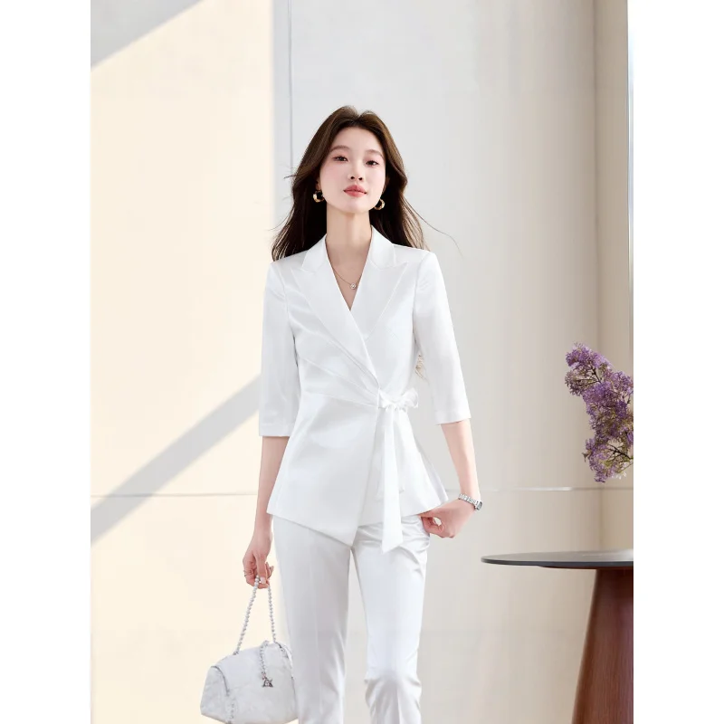 White elegant lace-up blazer suit for women, new spring and autumn professional attire with a high-end feel, three-quarter sleev