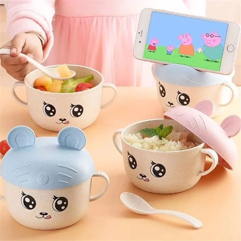 2Pcs/Set Baby Feeding Food Tableware Wheat Cartoon Kids Dishes Children Eating Dinnerware Set Anti-hot Plate Training Bowl+spoon
