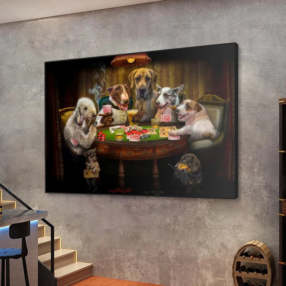 Creative Modern Abstract Dog Playing Poker Fun Poster Print Canvas Painting Wall Art Picture Living Room Home Decoration